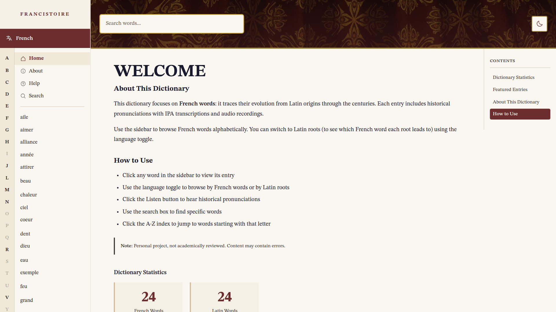 Francistoire.org , ranskalais-latinalainen sanakirjasivusto