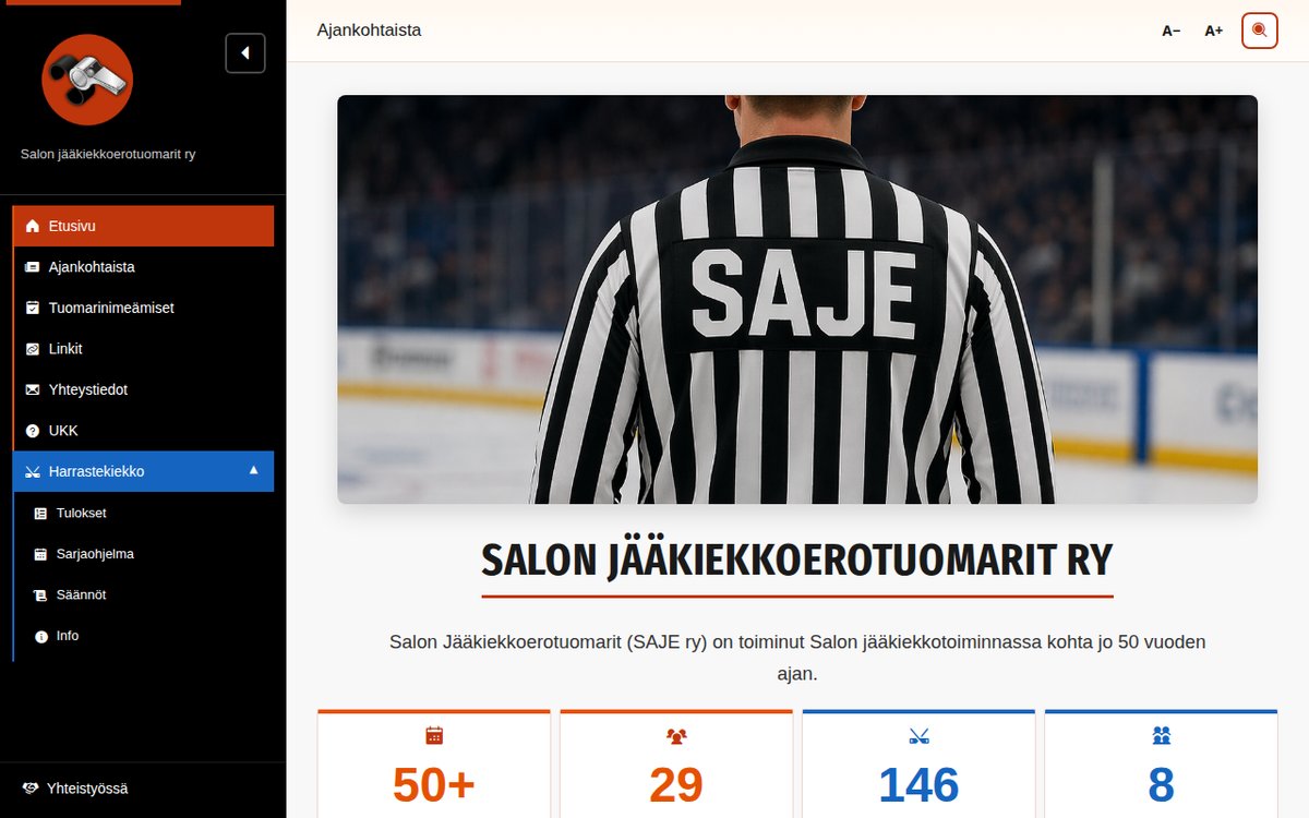 SAJE.fi, Salon Jääkiekkoerotuomarit ry verkkosivun etusivu